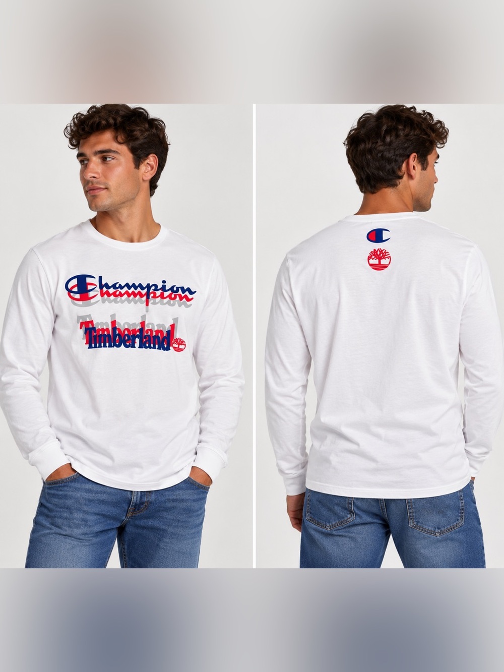 Champion x Timberland White Long-Sleeve Logo Tee with Red & Blue Graphics